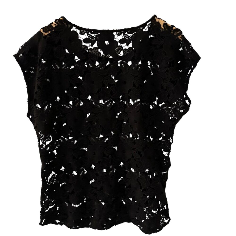 Talbots Black Lace Floral Sheer Scoop Neck‎ Short Sleeve Blouse Size M